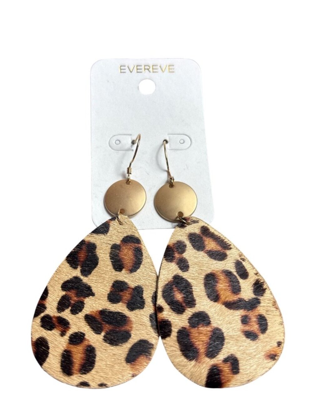 Evereve Leopard Print Faux Calf Hair Teardrop Dangle Earrings Goldtone 2.75" New